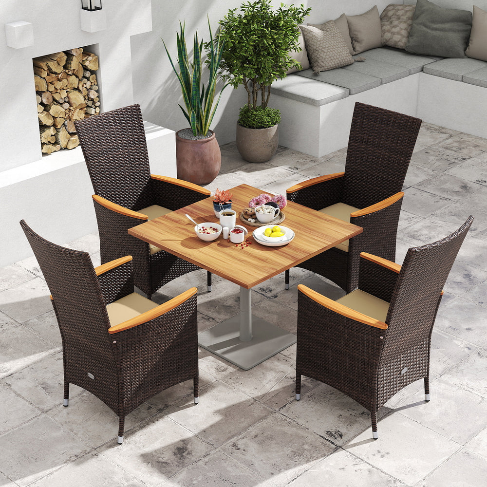 Patio rattan dining chairs set with high backrest and acacia wood armrests, perfect for outdoor dining and relaxation.