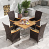 Set of 4 outdoor rattan dining chairs with high backrests and acacia wood armrests, perfect for patio dining.