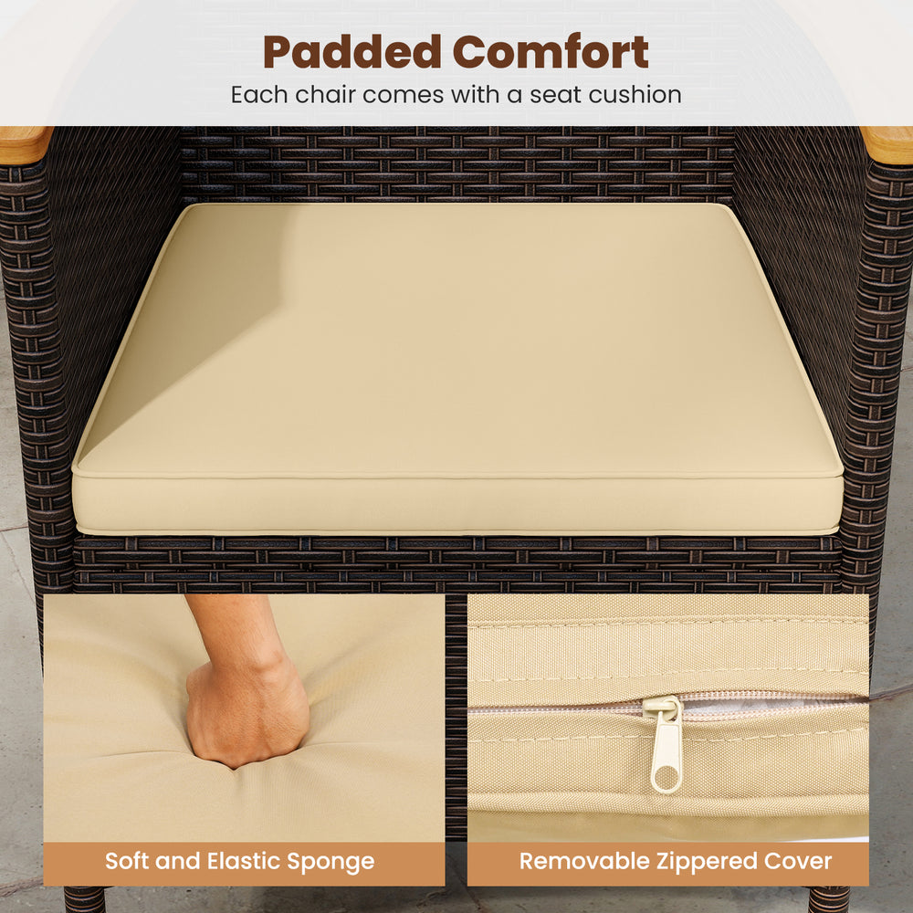 Beige seat cushion for patio rattan chair, featuring soft sponge padding and removable zippered cover for easy cleaning.
