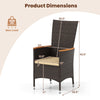 Patio rattan chair dimensions with high backrest, beige cushion, and acacia wood armrests for outdoor dining comfort.