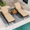Two beige patio rattan chaise lounges with adjustable backrests and a side table, perfect for outdoor relaxation.