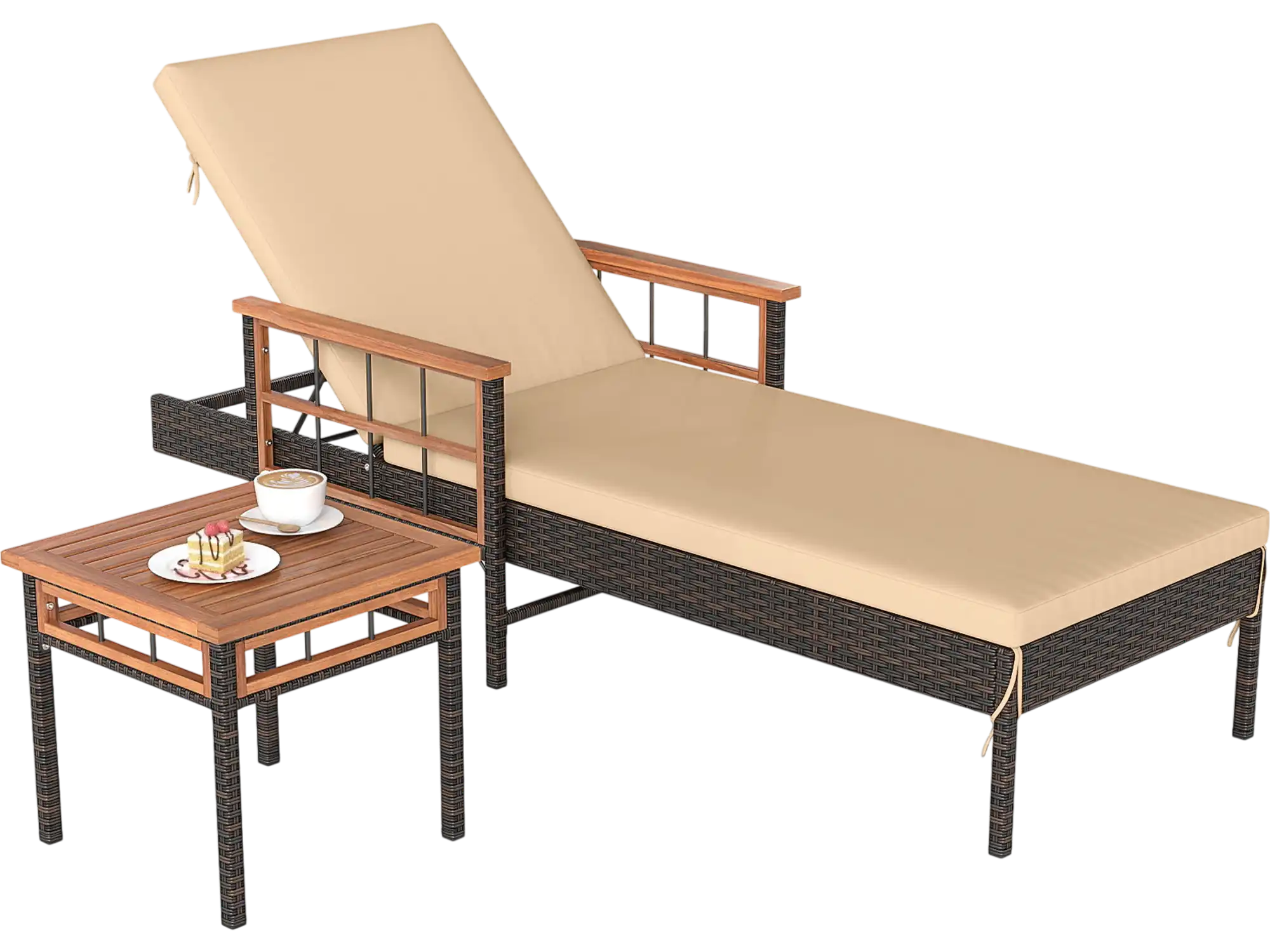 Costway Patio Rattan Chaise Lounge Side Table Adjustable Backrest 65201606 New