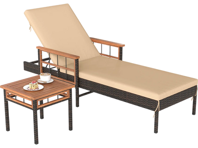 Costway Patio Rattan Chaise Lounge Side Table Adjustable Backrest 65201606 New