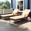 Patio rattan chaise lounge set with adjustable backrest and side table, featuring beige cushions for outdoor comfort.