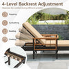 Patio rattan chaise lounge with adjustable 4-level backrest and side table, featuring beige cushions for outdoor.