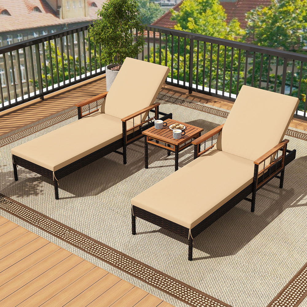 Patio rattan chaise lounge set with beige cushions, featuring adjustable backrests and acacia wood armrests for outdoor.