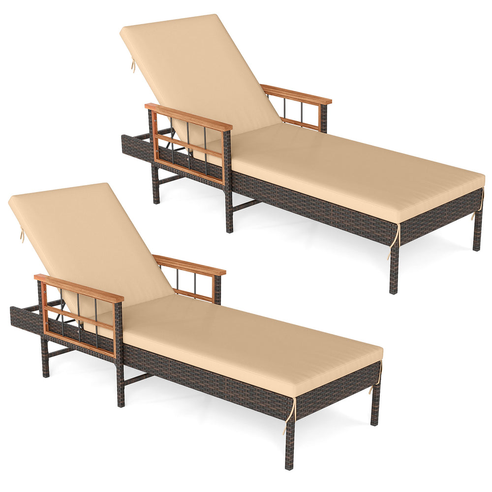 Patio rattan chaise lounge with beige cushions and adjustable backrest, featuring acacia wood armrests for outdoor.