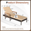 Patio rattan chaise lounge with adjustable backrest, beige cushions, and acacia wood armrests for outdoor comfort.