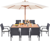 9-piece patio rattan dining set featuring an acacia wood table, soft cushions, and space-saving design for outdoor.