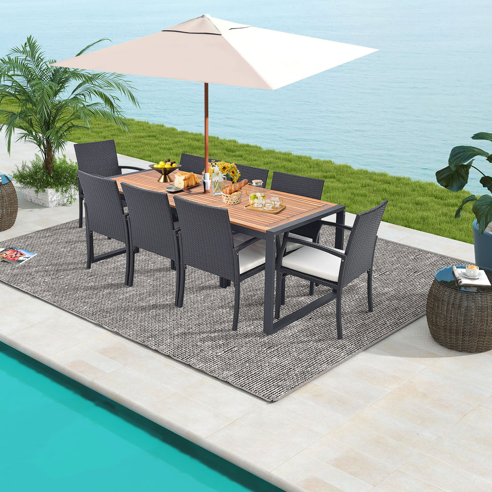 l shaped patio furniture umbrella Grey and Blue Outdoor Sectional 7pc - FINAL SALE ITEM shaped configuration provides spacious seating for gatherings 9 Pieces Outdoor Rattan Dining