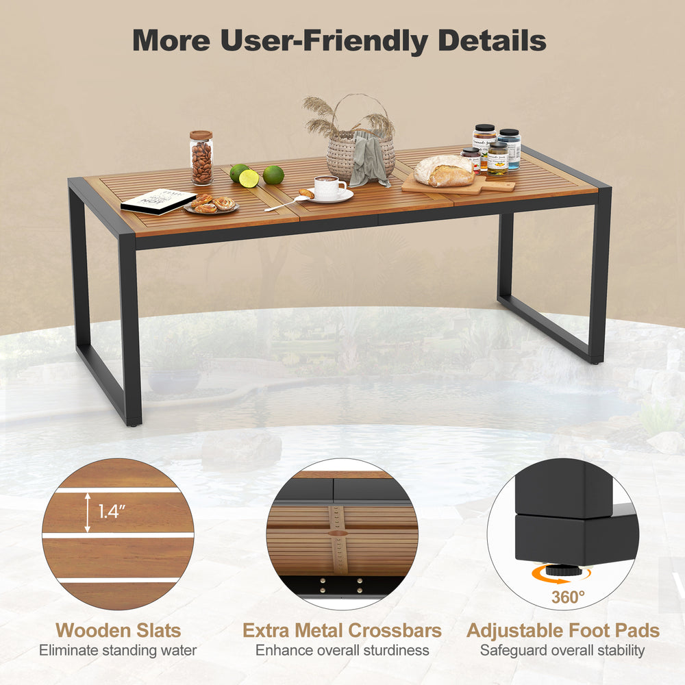 Acacia wood tabletop dining table with adjustable foot pads, perfect for outdoor patio and backyard gatherings.