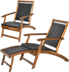 Patio Rattan Folding Lounge Chair with Acacia Wooden Frame Retractable Footrest Set of 2