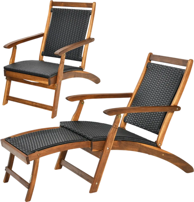 Costway Patio Rattan Folding Chaise Lounge Chairs Set of 2 Retractable Footrest Acacia Frame 96494532 New