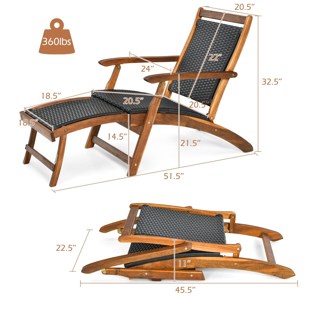 Patio rattan folding lounge chair with acacia wood frame, featuring a retractable footrest for versatile outdoor.