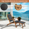 Patio rattan folding lounge chair with acacia wood frame, featuring a retractable footrest for outdoor relaxation.