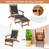 Patio rattan folding lounge chair with acacia wood frame, featuring a retractable footrest for versatile outdoor use.