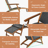 Close-up of the ergonomic backrest and armrest of the patio rattan folding lounge chair with acacia wood frame.