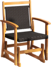 Patio rattan glider chair in a side view, featuring acacia wood frame and breathable wicker for stylish outdoor seating.