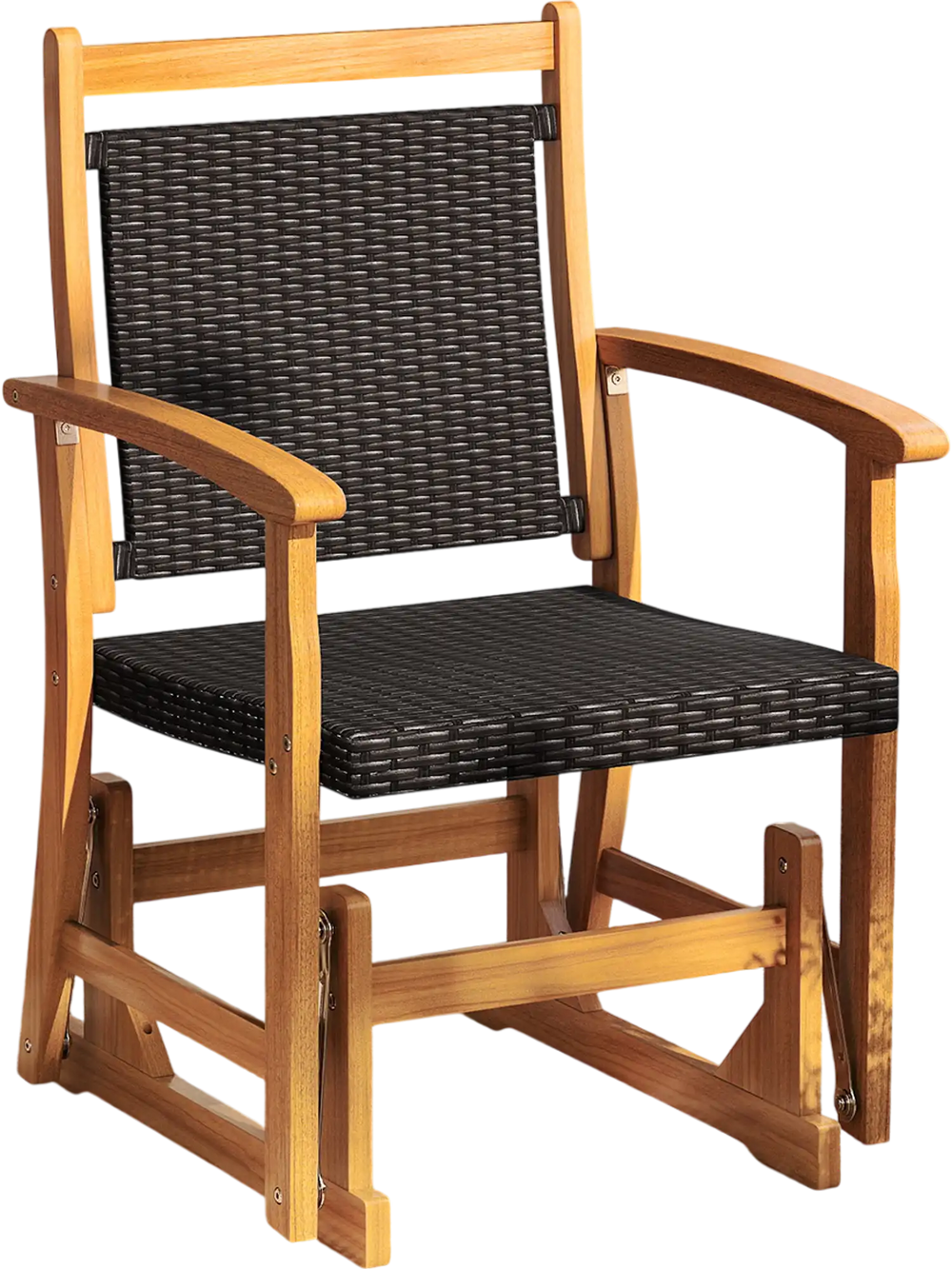 Patio rattan glider chair in a side view, featuring acacia wood frame and breathable wicker for stylish outdoor seating.