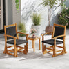 Patio rattan glider chairs with acacia wood frame and wicker seat back, perfect for backyard relaxation.