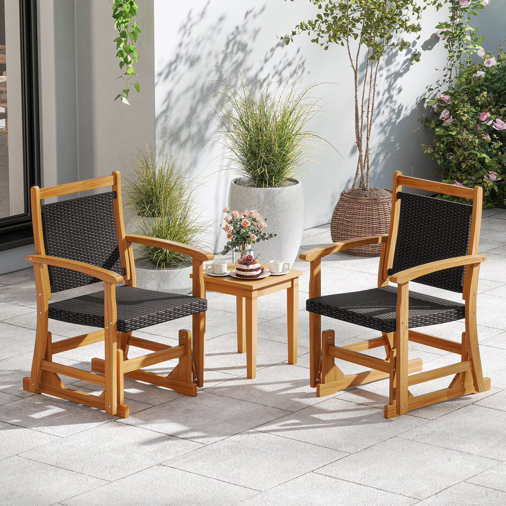 Patio rattan glider chairs with acacia wood frame and wicker seat back, perfect for backyard relaxation.