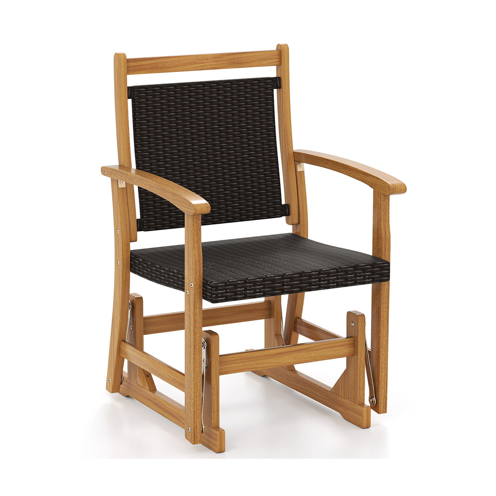 Patio rattan glider chair with acacia wood frame and wicker seat back, perfect for backyard relaxation.