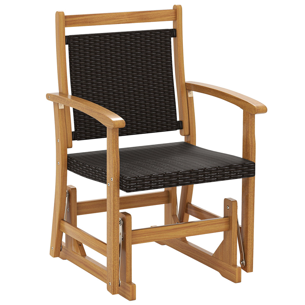 Patio rattan glider chair with acacia wood frame and wicker seat back, perfect for backyard and poolside relaxation.