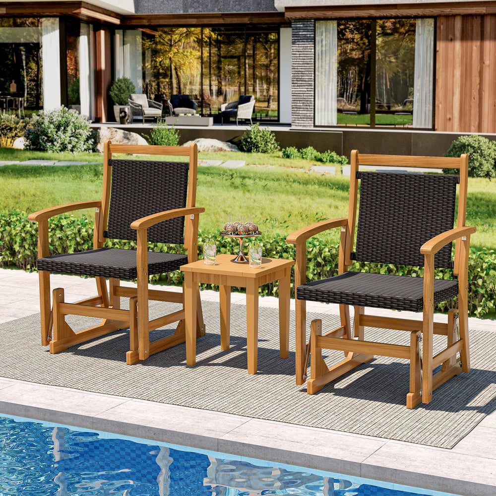 Patio rattan glider chairs with acacia wood frame, wicker seat backs, placed poolside for outdoor relaxation.