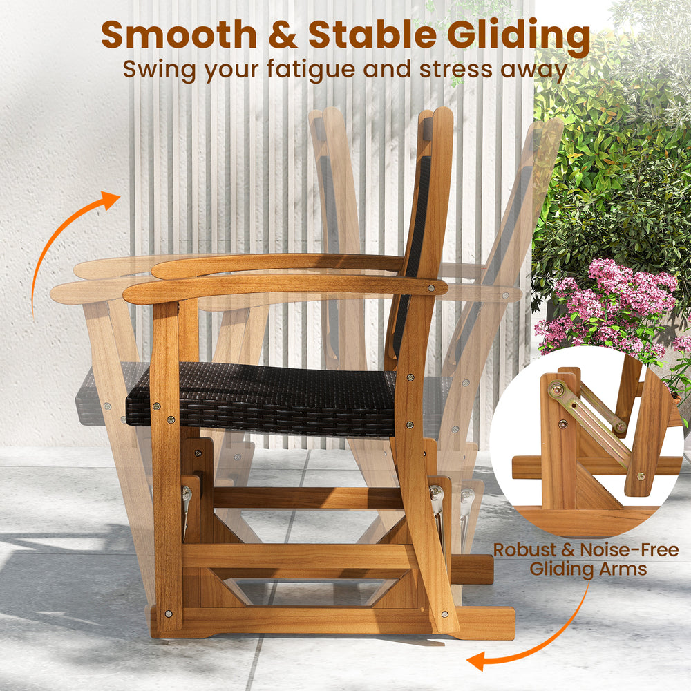 Patio rattan glider chair with acacia wood frame, showcasing smooth gliding motion for backyard relaxation.