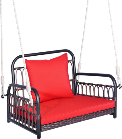 Costway Patio Rattan Porch Swing Hammock Chair w/ Seat Cushion Red 79562148 New