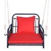 Patio rattan porch swing hammock chair with red seat cushion, featuring a stable metal frame for backyard relaxation.