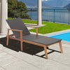 Patio rattan lounge chair with adjustable backrest, solid acacia wood frame, perfect for poolside relaxation.