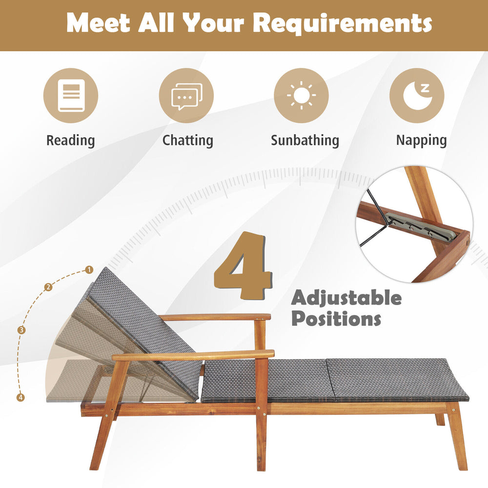 Patio rattan lounge chair with solid acacia wood frame, featuring 4 adjustable backrest positions for ultimate comfort.