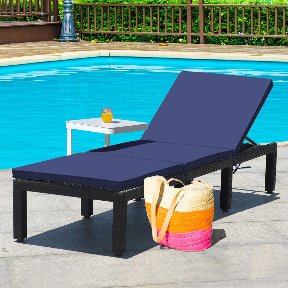 Patio Rattan Cushioned Height Adjustable Lounge Chair-Navy & Off White - Gallery View 1 of 10