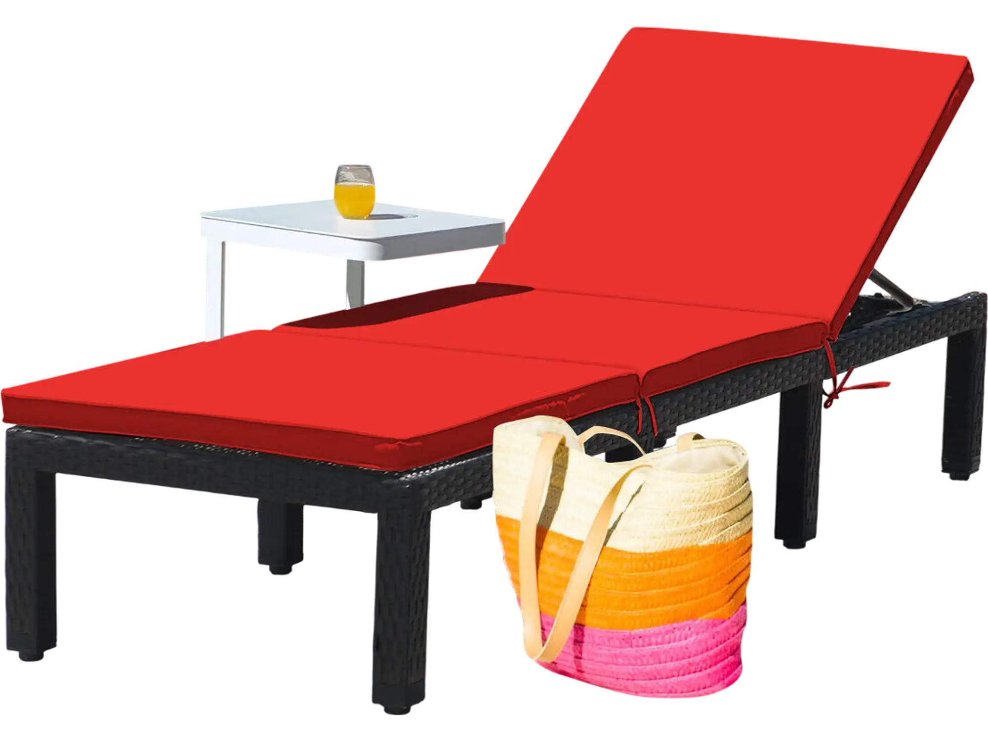Costway Patio Rattan Cushioned Adjustable Lounge Chair Red Off White 51398746 New
