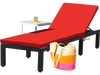 Red cushioned rattan lounge chair by the pool, featuring adjustable reclining positions for outdoor relaxation.