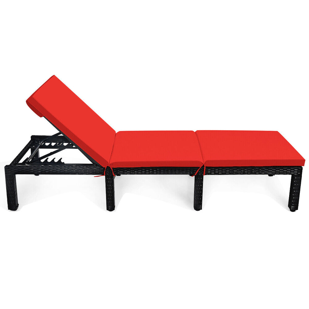 Height adjustable patio rattan lounge chair with red cushion, featuring a durable steel frame and six reclining.