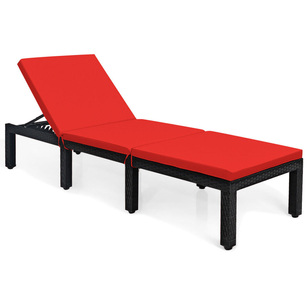Height adjustable rattan lounge chair with red cushion, perfect for patio or poolside relaxation.
