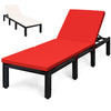 Red cushioned height adjustable lounge chair made of PE rattan and steel, perfect for patio and poolside relaxation.