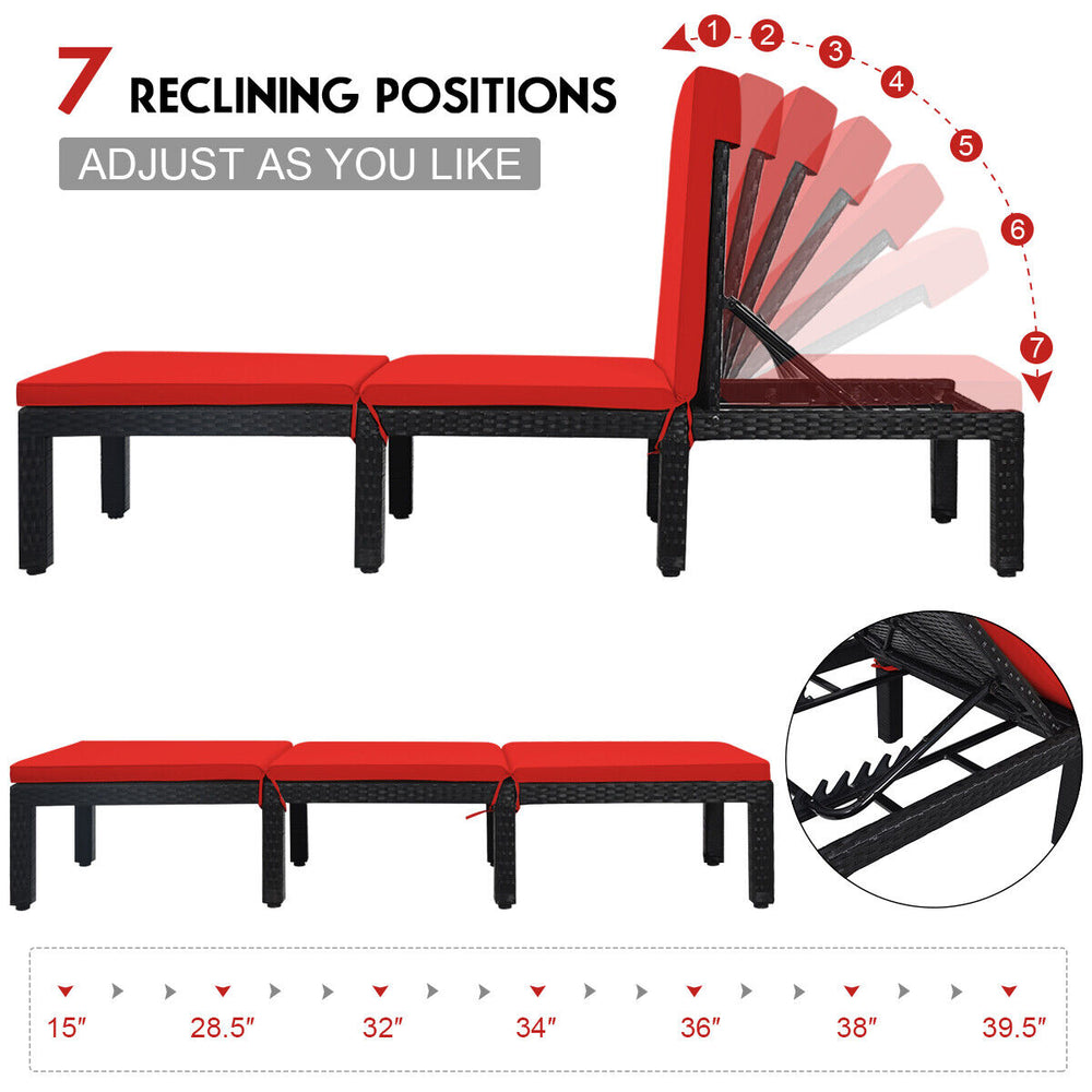 Height adjustable patio rattan lounge chair in red with soft cushion, featuring 6 reclining positions for outdoor.