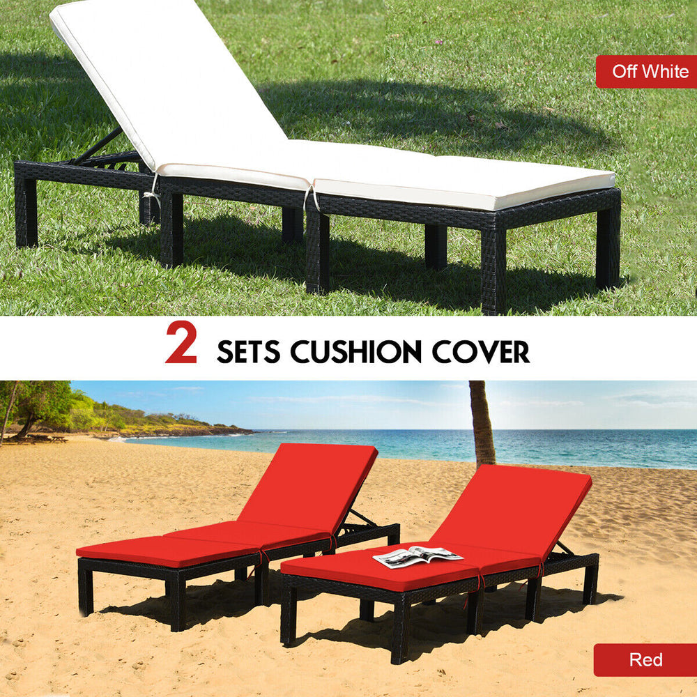 Height adjustable rattan lounge chair in red with soft cushion, ideal for patio or poolside relaxation.