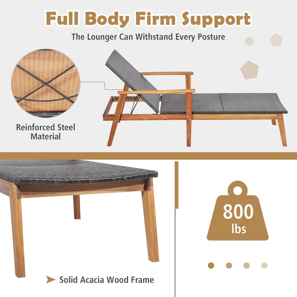 Patio rattan lounge chair with adjustable backrest, solid acacia wood frame, and reinforced metal bars for outdoor.