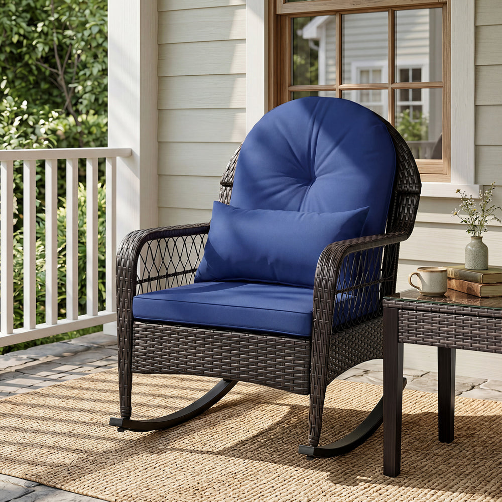 Patio Rattan Rocking Chair with Seat Back Cushions and Waist Pillow-Navy - Gallery View 1 of 8