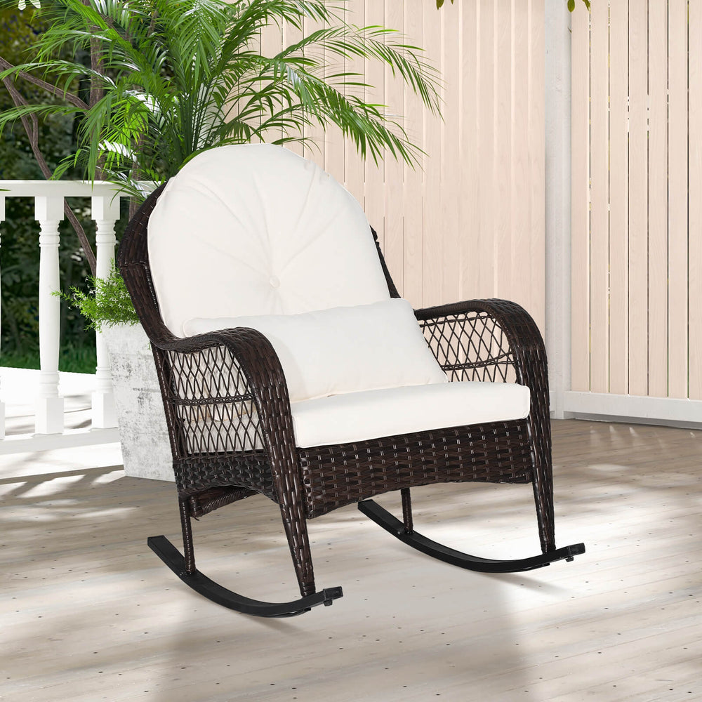 Patio Rattan Rocking Chair with Seat Back Cushions and Waist Pillow-White - Gallery View 1 of 10