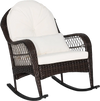 Patio rattan rocking chair with white cushions, ergonomic design, suitable for front porch or backyard relaxation.