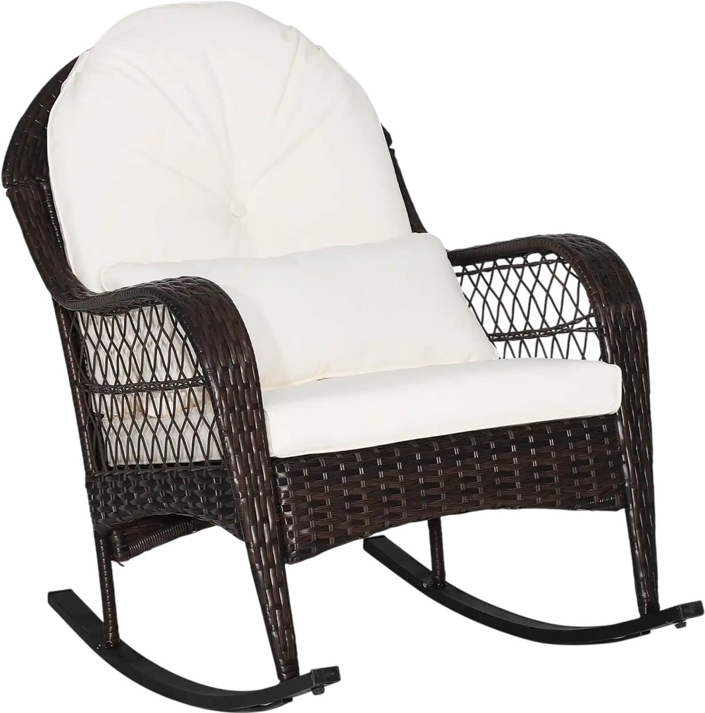 Patio rattan rocking chair with white cushions, ergonomic design, suitable for front porch or backyard relaxation.