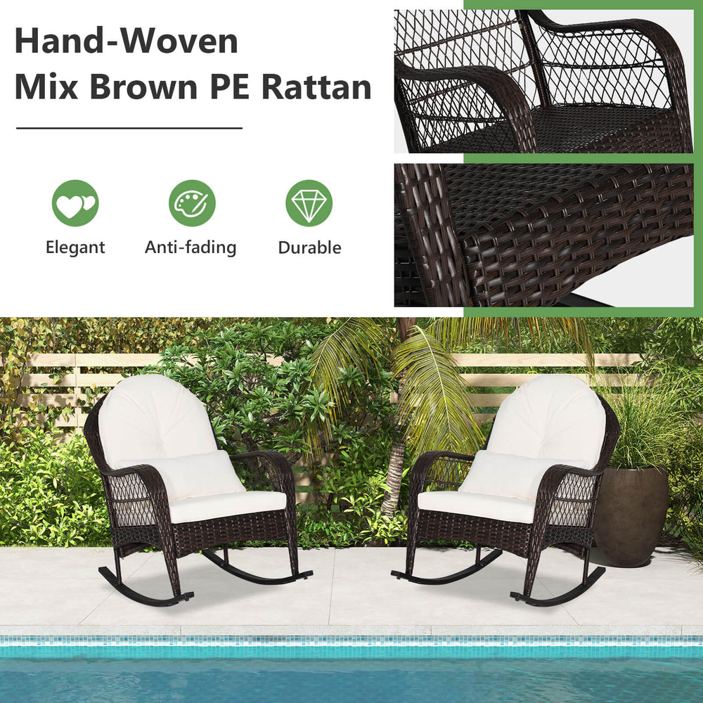 Hand-woven mix brown PE rattan rocking chair with white cushions, ideal for backyard or poolside relaxation.