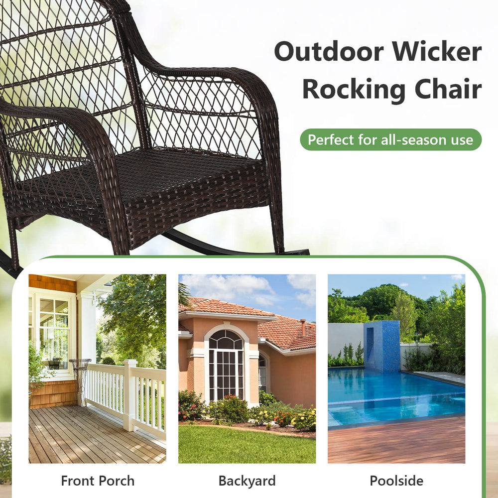 Patio rattan rocking chair with cushions, featuring hand-woven PE rattan and a stable metal frame, perfect for outdoor.