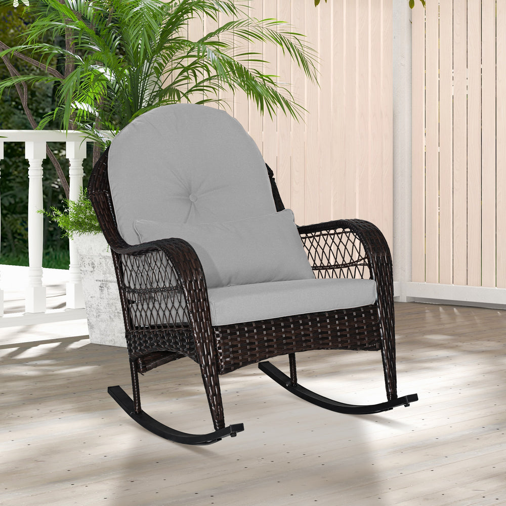 Patio Rattan Rocking Chair with Seat Back Cushions and Waist Pillow-Gray - Gallery View 1 of 10