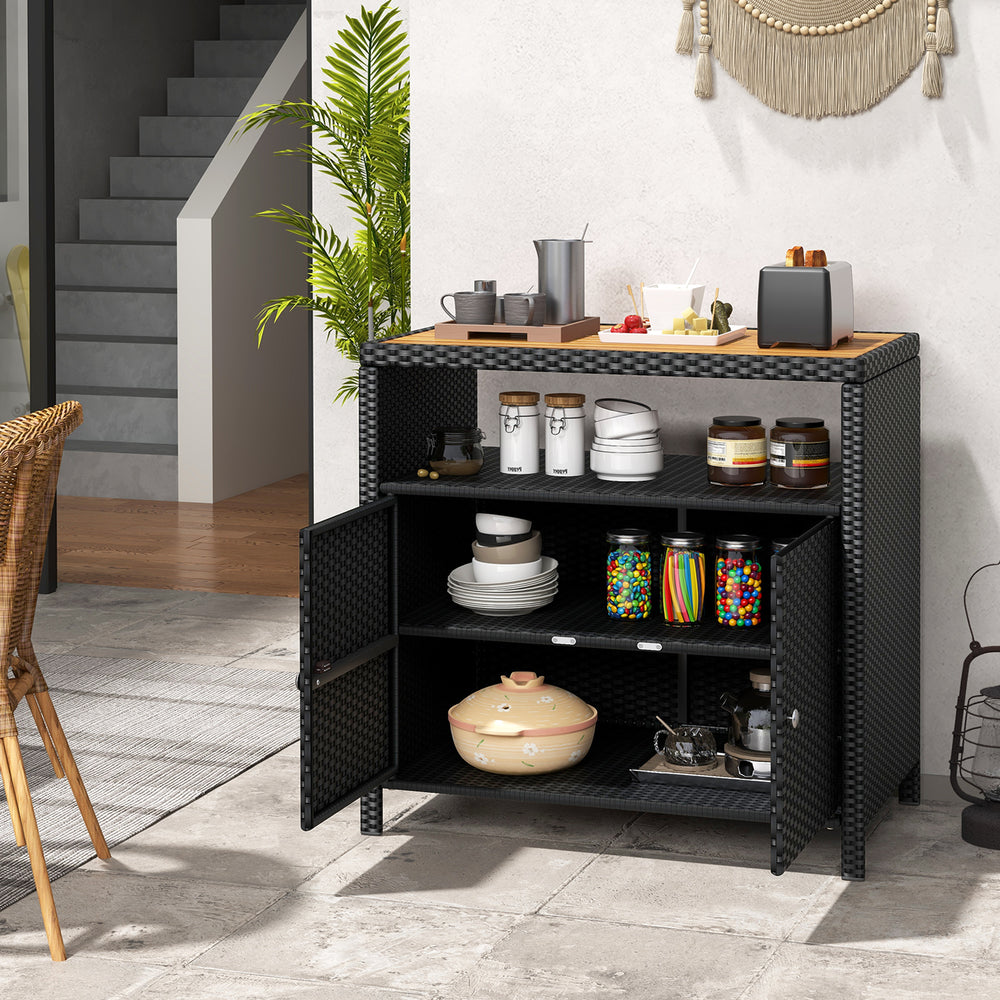 Rattan storage cabinet with acacia wood countertop, featuring a 2-door design for outdoor patio and poolside.